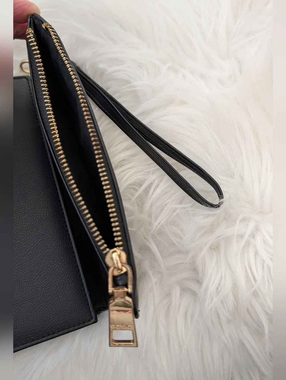 bebe Black Faux Leather Wristlet Wallet with Gold Plate